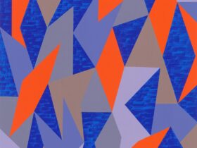 Bright red, blue, purple and brown geometric shapes