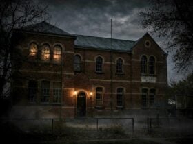 old school building on a misty winter evening