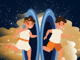 Cartoon of a young ancient Greek boy running into a portal emerging as a boy in modern clothes