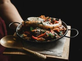 dish of paella and spoon