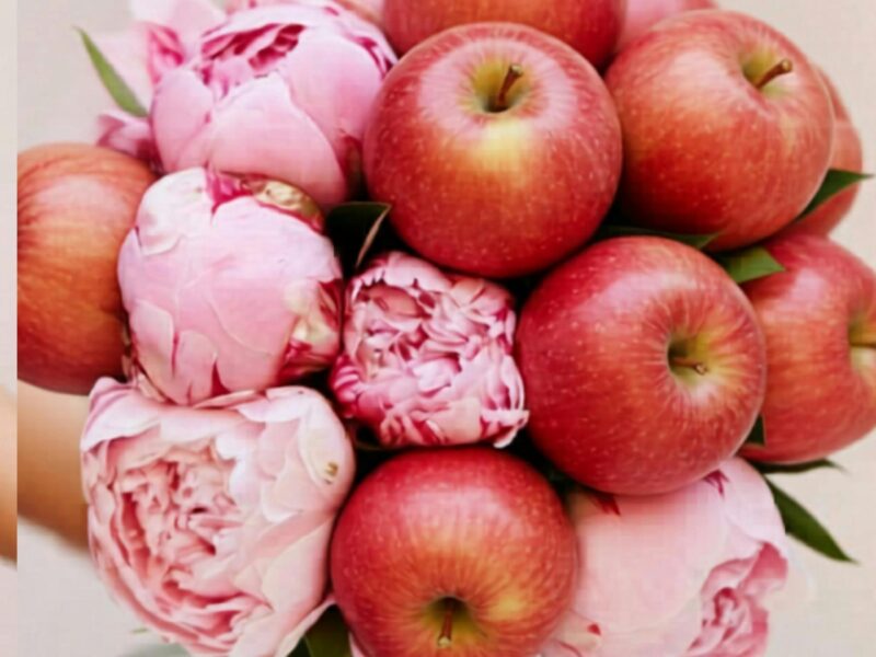 Pink flowers and pink lady apples