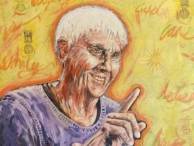 Detail of portrait painting by Andy Ferg, Carol, 2026. Mixed media on canvas. 110 x 110cm.