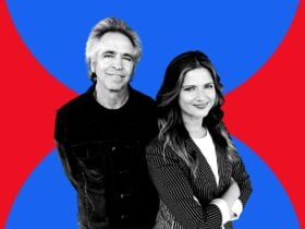 Brian Nankervis and Julia Zemiro in black and white on a red and blue background