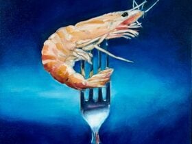 Oil painting of prawn on a fork
