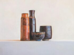 Samantha Dennison, Pilbara vessels and waterhole bowl, 2025, oil on board, 40 x 40cm