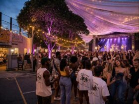 People of all cultures and ethnicities enjoying a festival of art and music.