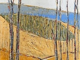 a Landscape painting of trees painted as lines against a yellow and blue background