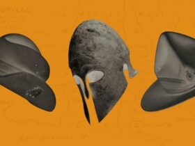 A slouch hat, Spartan helmet and Lemon squeezer layered on top of a stylised map of Thermopylae.