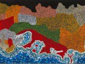 Abstract artwork featuring swirling textured patterns in bold colors, including red, blue, green, or