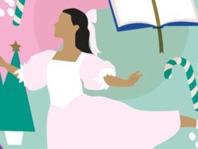 Illustrated scene from The Nutcracker featuring a ballerina in a pink tutu dancing en pointe, surrou
