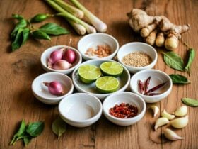 Round bowls set up in a circle with different ingredients used in Thai cooking.