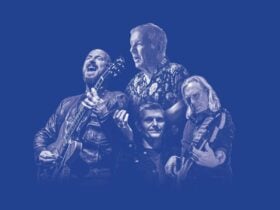 Image of the members of The Animals on a blue background