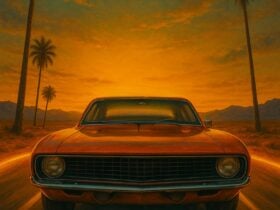 a yellow tinted image with a red car