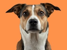 Photo of brown and white dog on orange background.