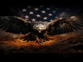 An eagle flying in the sky at sunset with an American flag behind it.