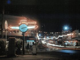 image of Ballarat at night, long exposure lights creating streaks.