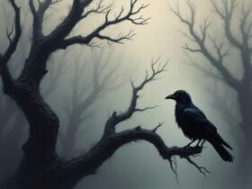 A crow sits in a gnarled tree, very gloomy background suggesting mystery and intrigue