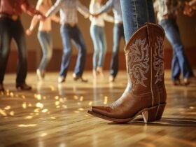 A person wearing cowboy boots with people dancing in the background on a timber floor