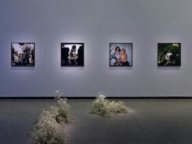 A gallery space with four photographs featuring the artist Tourmaline. Flowers adorn the ground.