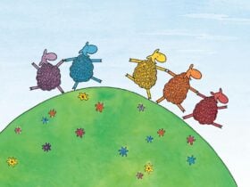 5 colourful cartoon sheep dancing
