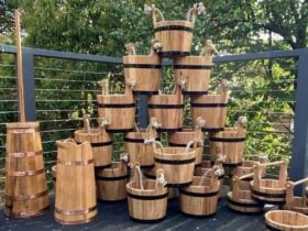 Wooden buckets stacked on top of one another