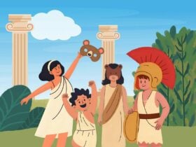 A group of children in ancient Greek togas, bear masks and Hoplite armoury