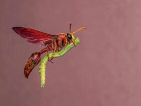 Dragonfly flying with a green caterpillar