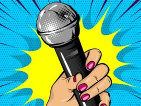 Pop art illustration of a hand holding a microphone on a bright background.