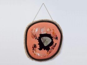 Linen, cotton, crewel, beads, sequins, trimmings, chain, card, stuffing, leather, tea-towel, felt