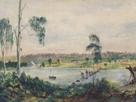 drawing showing the Yarra River in 1837. A line of First Nations people cross a stone bridge.