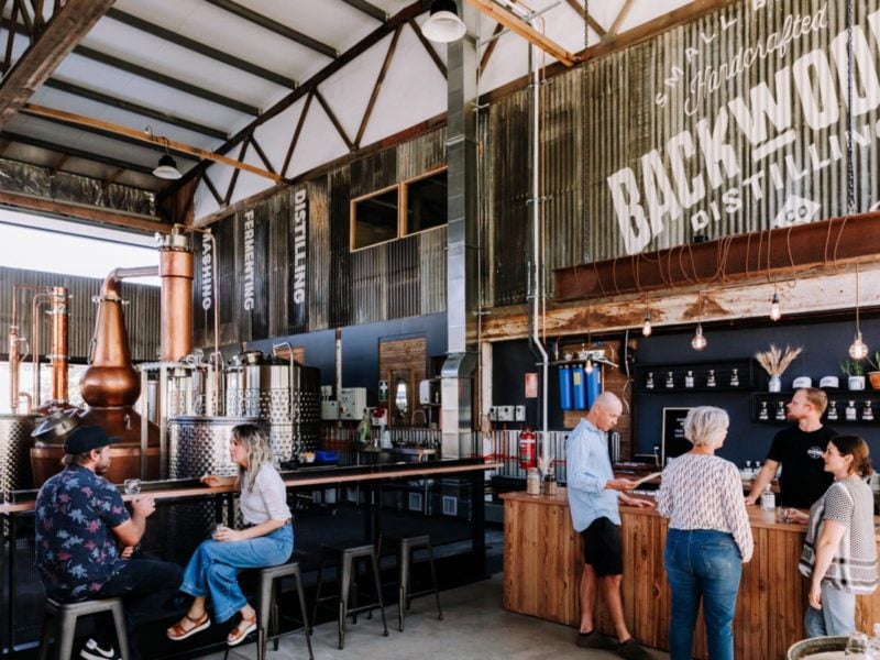 Backwoods tasting room with visitors enjoying whisky and gin
