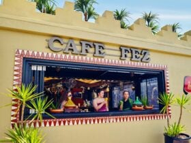 Front entrance to Cafe Fez, 3 ladies enjoying the sunny afternoon sipping cocktails