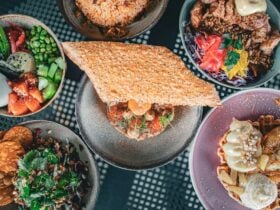six dishes placed on a table showing different food items