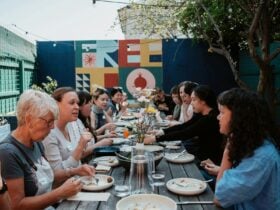 Group dining outside after Cooking Experience
