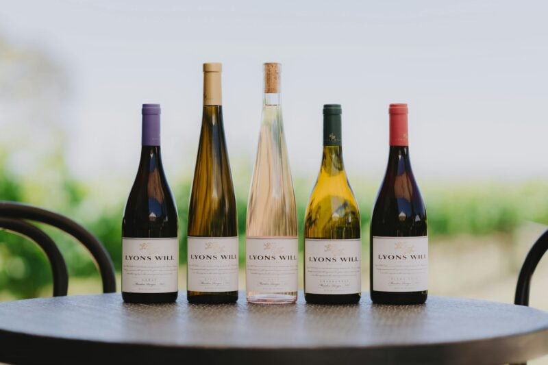 Five bottles of Lyons Will wines on a table