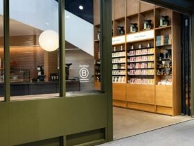 Shop entry, coffee bean bags, coffee brewing equipment