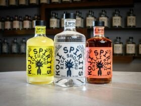 Three bottles of spirits with colourful labels sit on a bar with a shelf full of bottles behind.