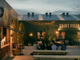 External view of Saint Felix Distillery at night