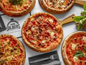 A range of colourful pizzas on display
