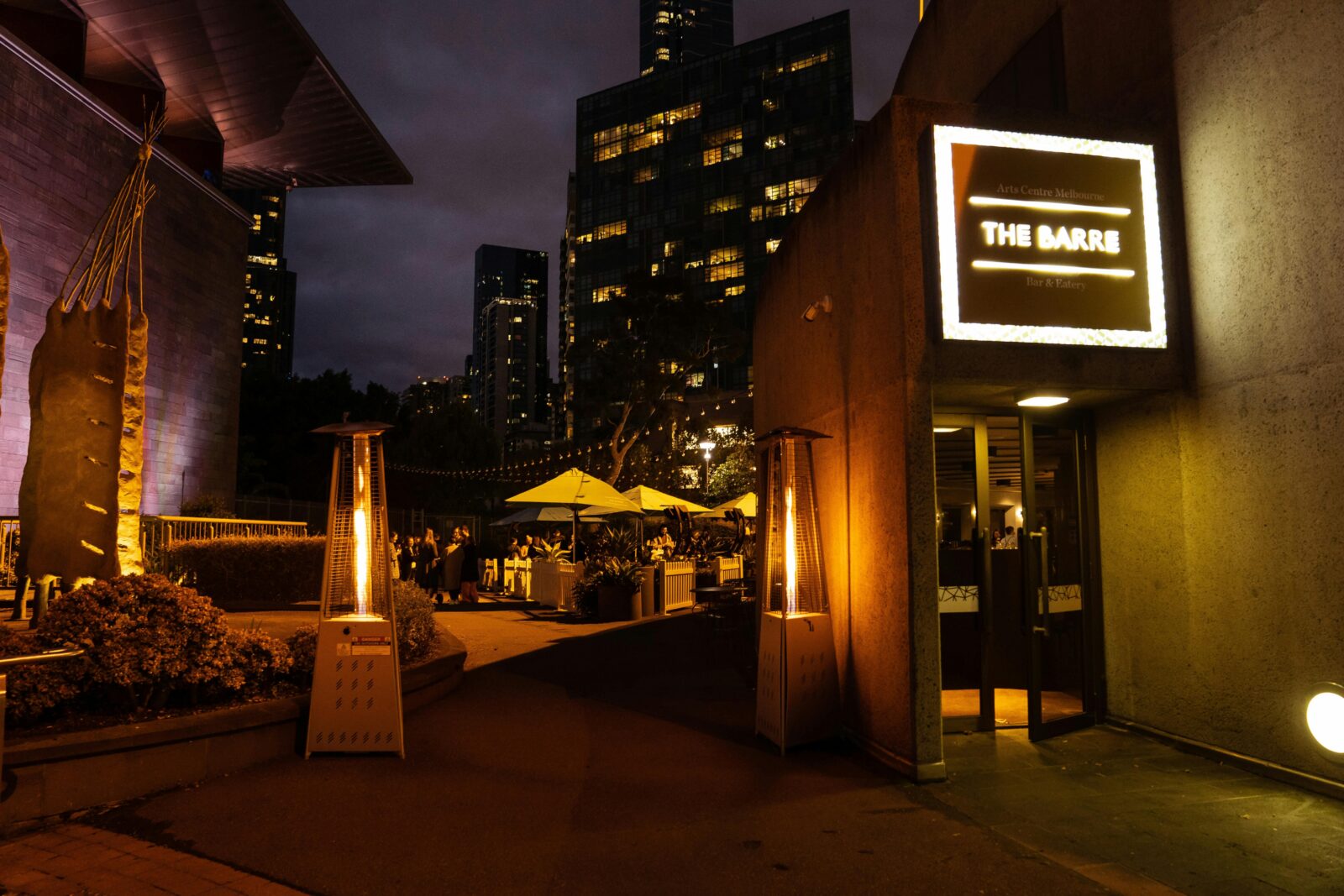 The Barre at Arts Centre Melbourne, exterior view at night time.