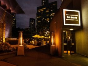 The Barre at Arts Centre Melbourne, exterior view at night time.
