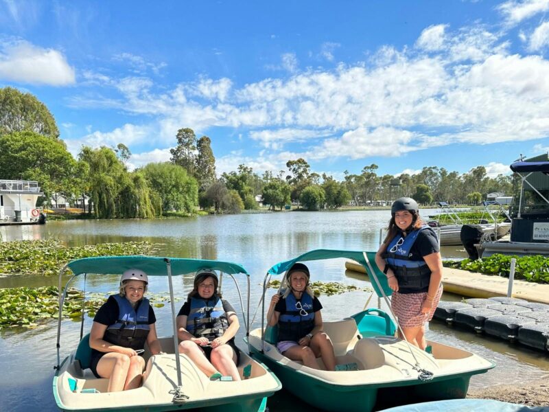 Pedal boats and kayaks lined up ready for hire at Go Adventure Nagambie