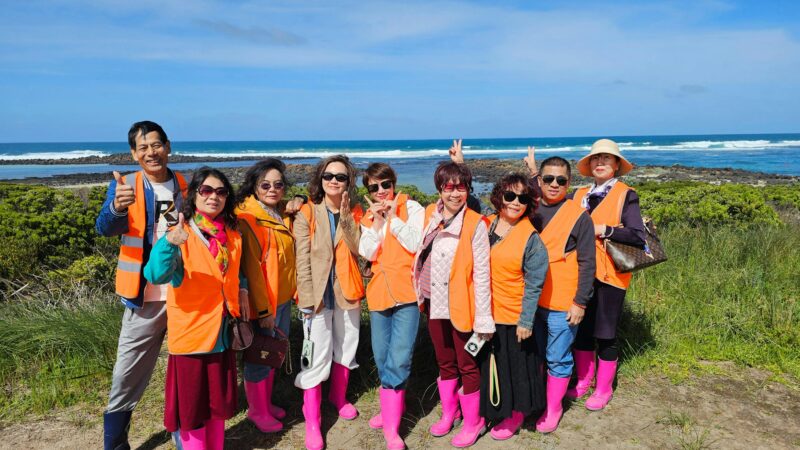 A tour group in bright safety vests and gumboots pose for a photo in front of the Southern Ocean