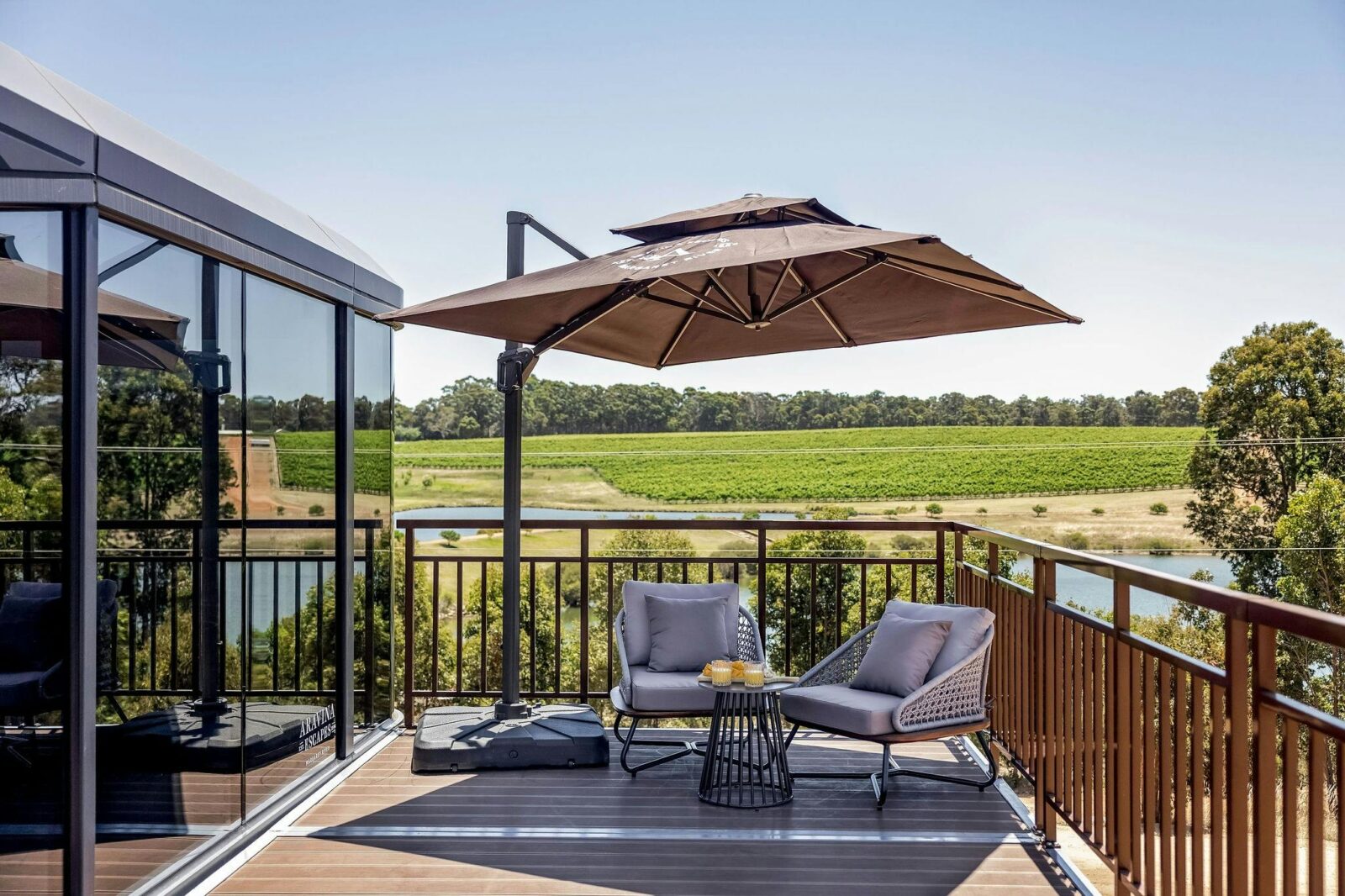 A collection of 21 modern one and two bedroom cabins set within 180 acres of Aravina Estate.