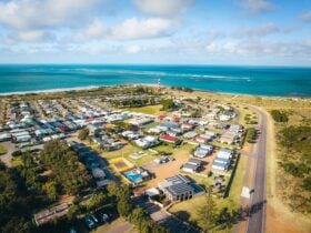 An aerial image shows Geraldton Belair Gardens Caravan Park proximity to the ocean