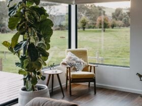 Old chair sitting in picture windown overlooking green rolling hills