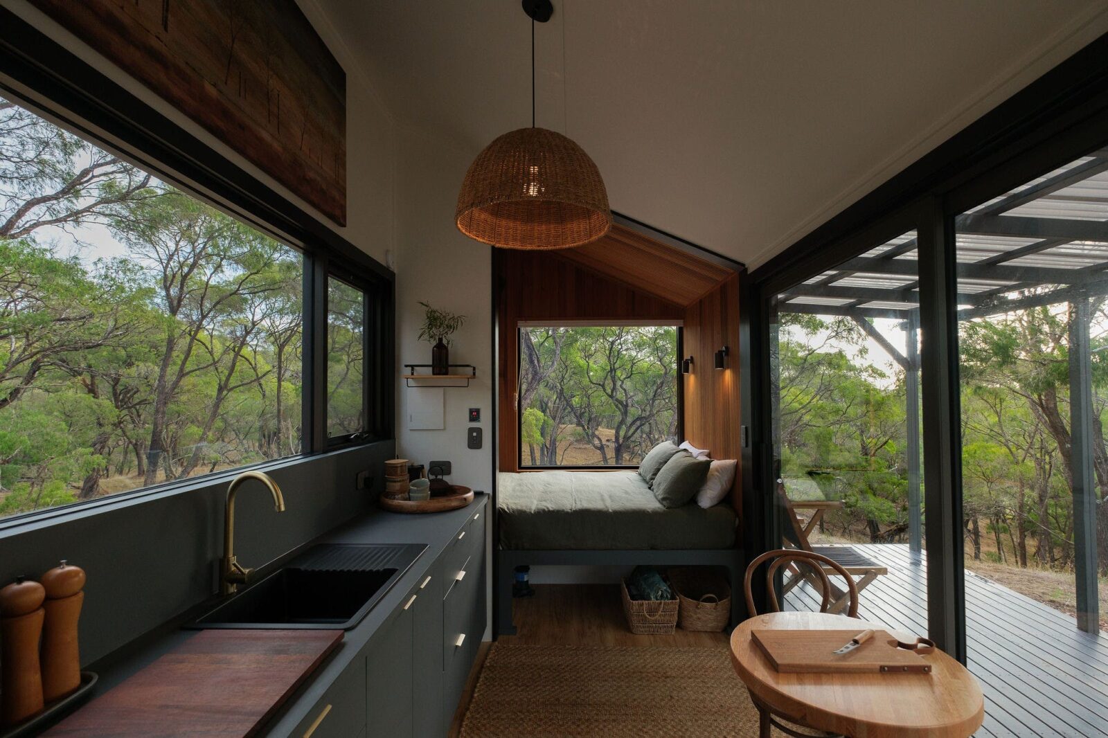 Stunning views of the peppermint trees from every window. Views through the kitchen to the bedroom