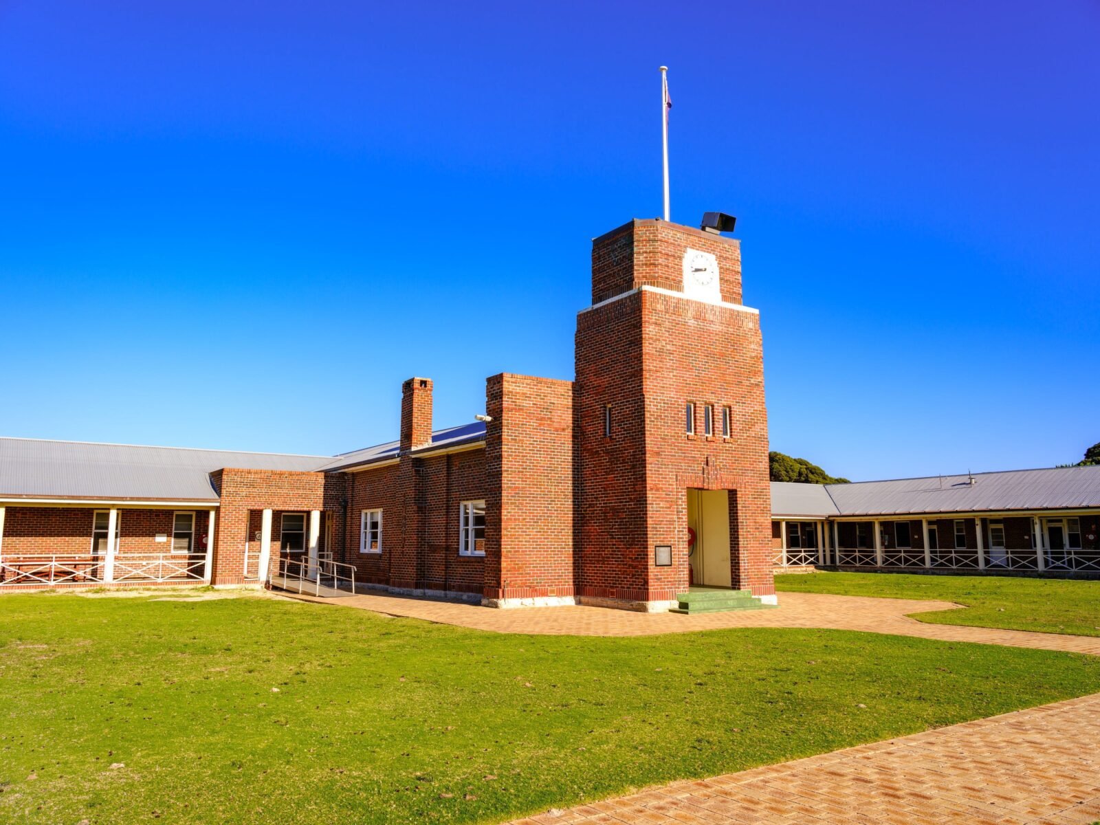 Exterior of brick barracks building