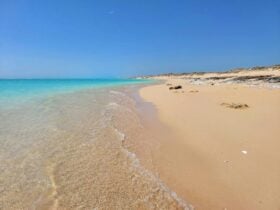 Clean sand and crystal clear water lapping on the shore.