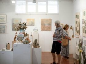 Two ladies view artworks, one small sized encaustic aqua coloured drawings, another views pottery